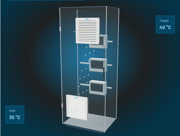 Cabinet cooling calculator preview showing lower air inlet, upper outlet and airflow through an electrical enclosure.