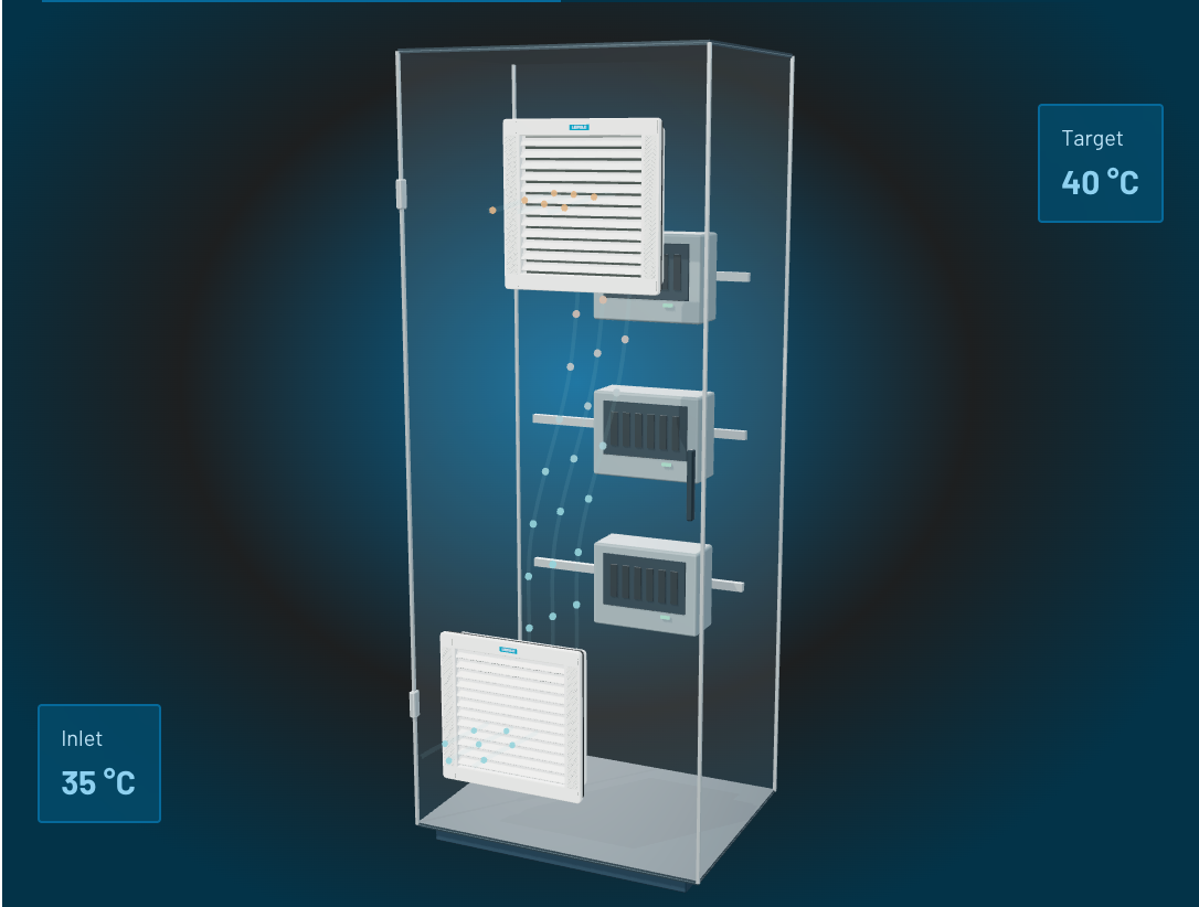 Cabinet cooling calculator preview showing lower air inlet, upper outlet and airflow through an electrical enclosure.