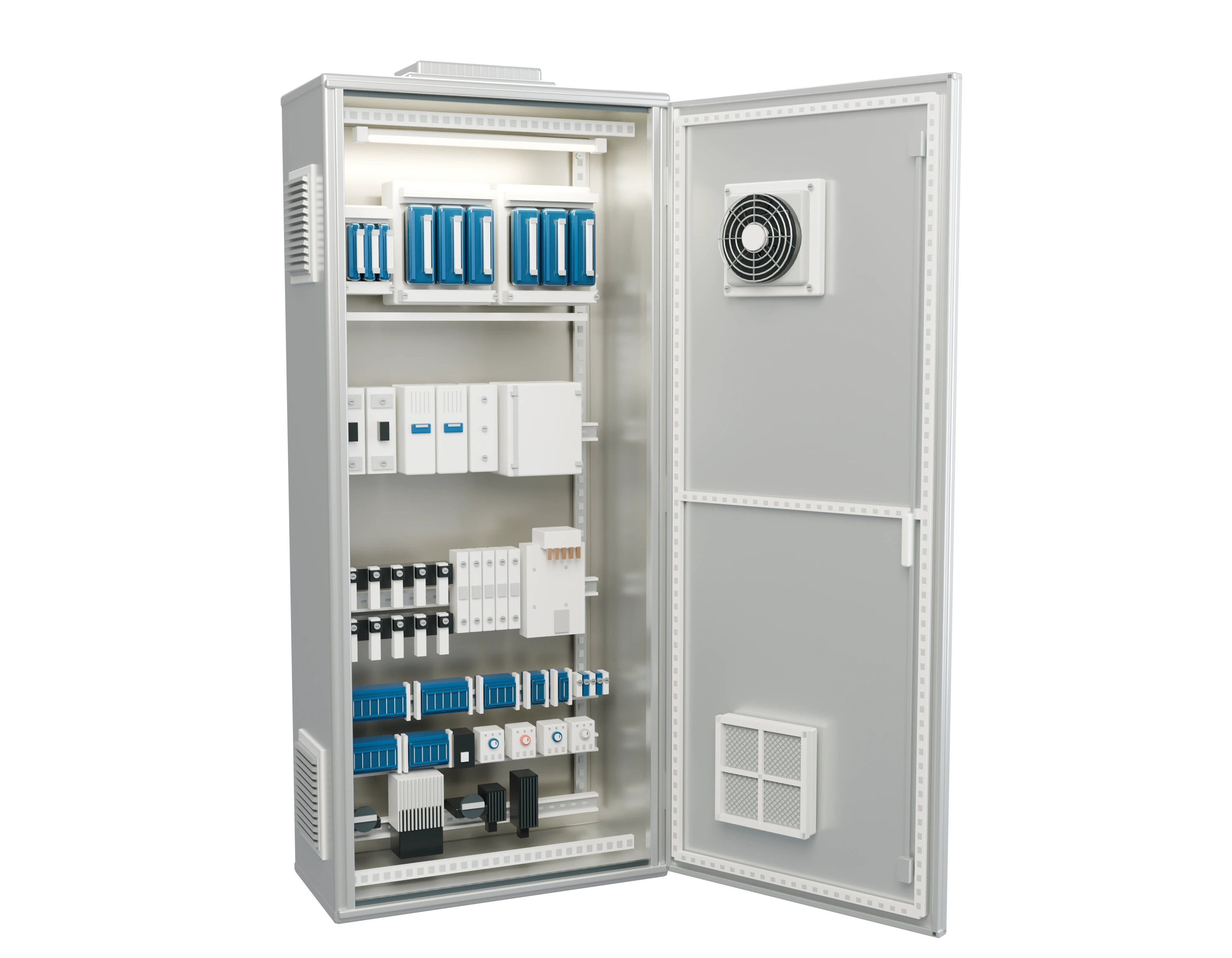 Open silver enclosure with blue fuse covers, white electrical modules, terminal blocks, heaters and a right-hand fan door