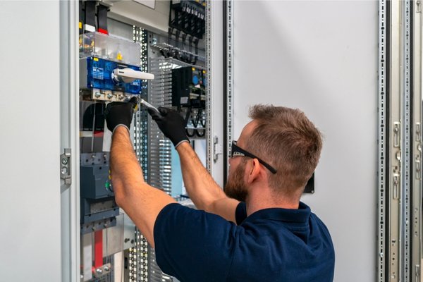 Technician looking concerned at an open control panel