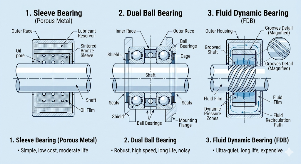 Technical cross-section diagram comparing sleeve bearing, dual ball bearing, and fluid dynamic bearing for cooling fans